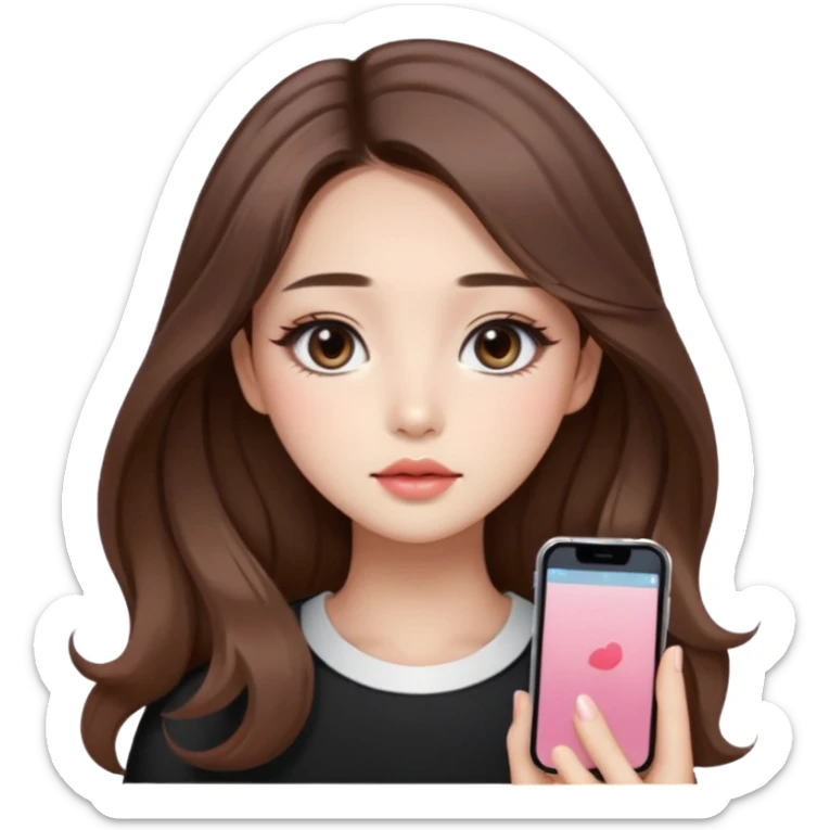 “korean straight brown hair Emoji girl, soft eyeliner and blush, gradient lips, light brown shimmer eyeshadow, long wavy hair,  sticker