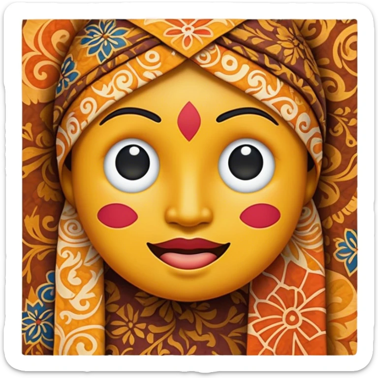 Cinematic Realistic Indonesian Batik Pop Culture Emoji, showcasing intricate, colorful batik patterns rendered with detailed textures and vibrant, cultural lighting. sticker