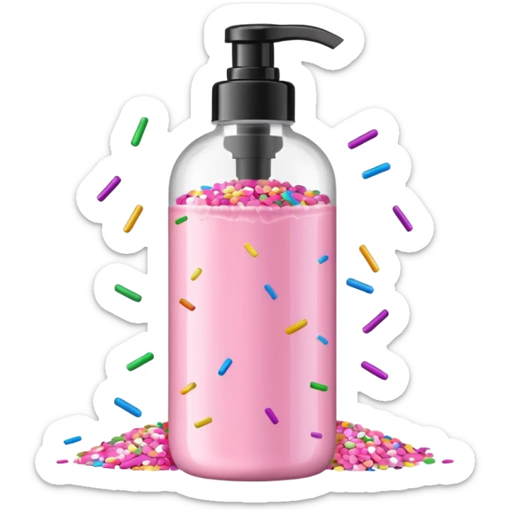 Pink shower gel light pink bottle with sprinkles and confeti on the bottle with a flip cap sticker