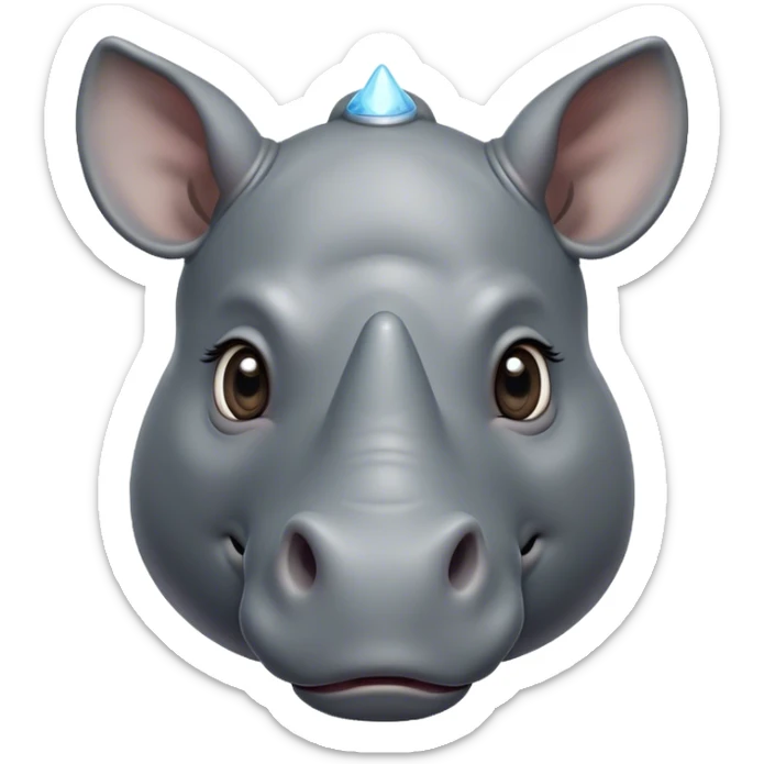 Cinematic Cute Rhinoceros Portrait Emoji, Head tilted playfully and inquisitively, featuring a rugged, glossy slate-gray hide with a gentle, rounded horn and round, sparkling eyes filled with curious wonder, Simplified yet irresistibly adorable features, highly detailed, glowing with a warm, friendly glow, high shine, affectionate and mighty, stylized with a touch of ancient charm, bright and endearing, soft glowing outline, capturing the essence of a mischievous yet loving rhinoceros, so playful it feels like it could stomp out of the screen and into your arms! sticker