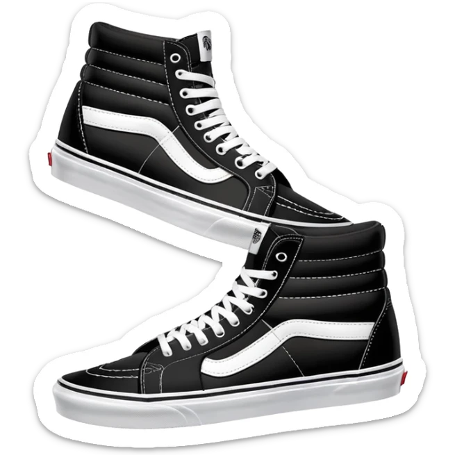 Black Vans Sk8-Hi high top shoes arranged as a pair with one slightly behind the other, classic black with white jazz stripe and white sole sticker