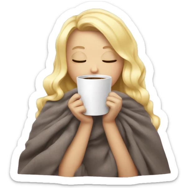 girl inside a blanket sipping coffee with a bow tie eyes closed with blonde hair and   sticker