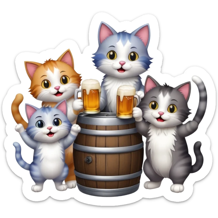 group of 7 cats standing around a beer keg, drinking, all with goofy playful expressions sticker