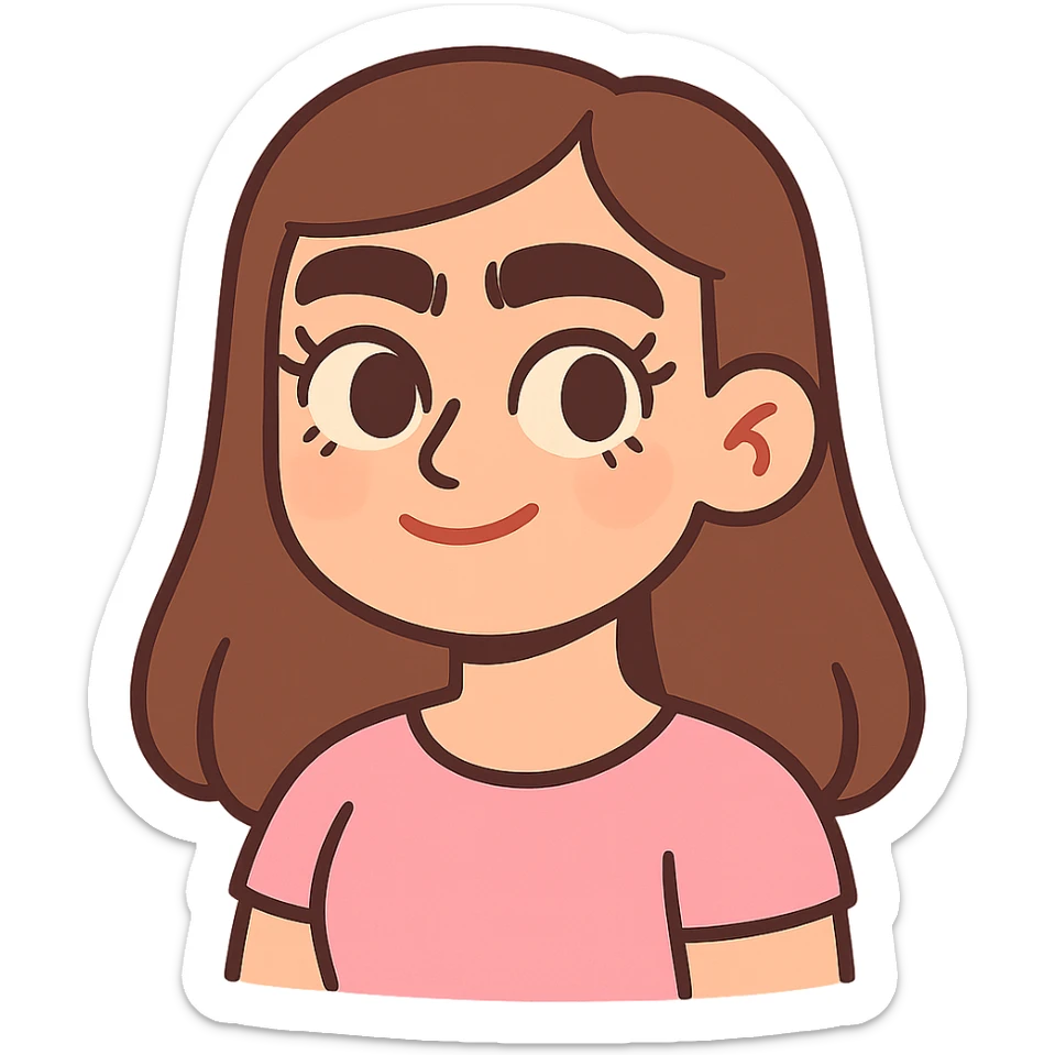 pastel toon style pretty girl with thick eyebrows, straight brown hair and brown eyes, curled eyelashes sticker