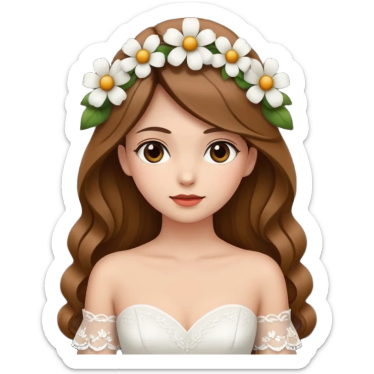 Chica blanca, cabello castaño, recogido en moño alto con mechones, vestido novia de manga larga, cuerpo entero, ramo de flores en una mano sticker