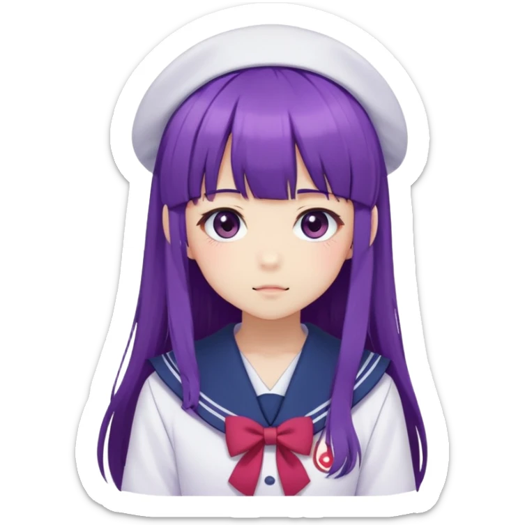 Shy anime girl with purple long hair and bangs wearing Japanese sailor style school uniform, blushing, kawaii style sticker