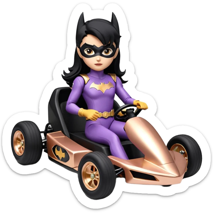 Hot full size real size -appearance electric racing action BatGirl’s feminine midnight-colored tight outfit sixty’s tv show 1992 dark stealthy sporty safe plush petite off-road pursuit cruiser car rose gold accents (black hair,reclined and relaxed torso and shoulders seating position) go kart  sticker