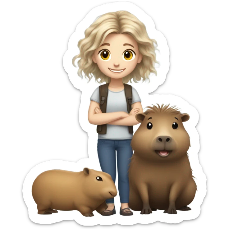 happy 10-year-old white girl with kind of messy hair, smiling next to capybara sticker