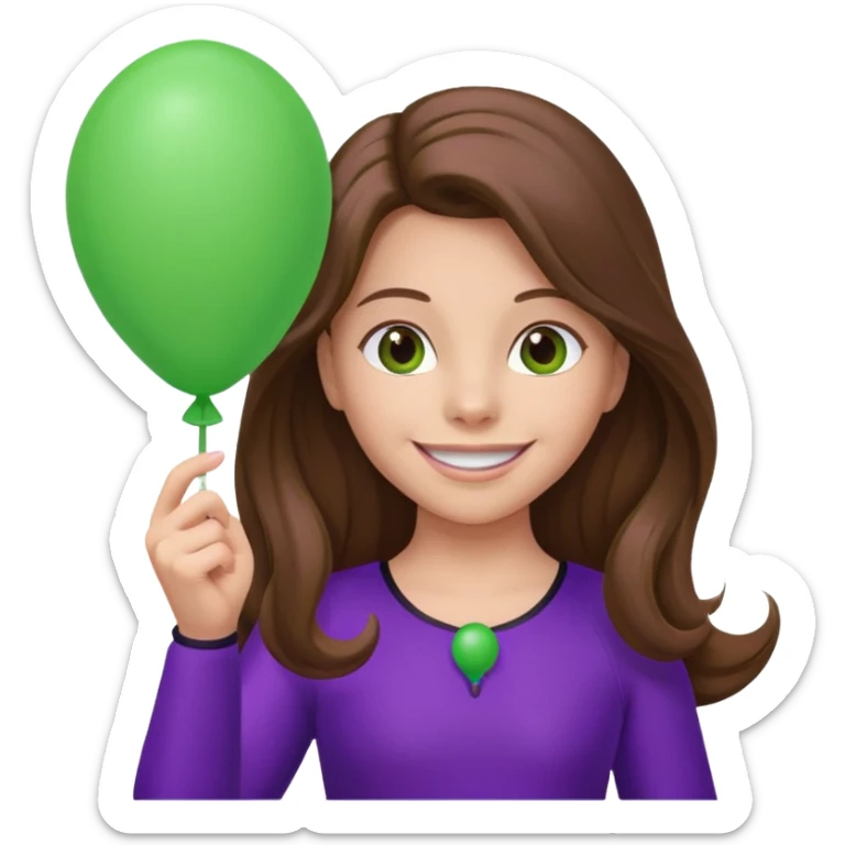 girl with long brown hair and purple costumes, holding green balloon sticker