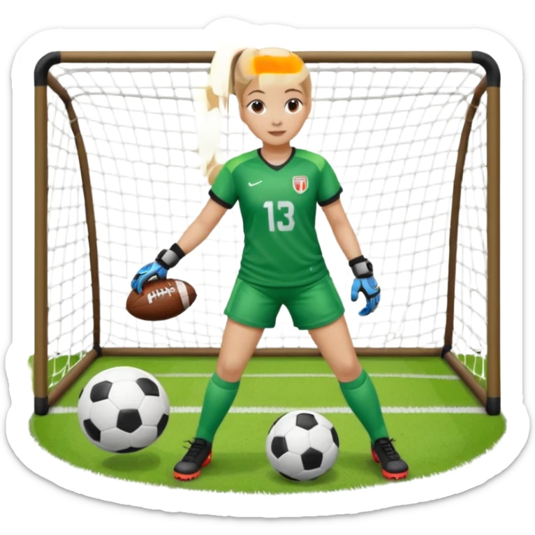 Make a dirty blonde football goalkeeper with goalkeeper gloves on holding a football. The girl is light skinned and wearing a football kit and football shoes. Standing in front of football goal. Wearing a ponytail with the dirty blonde hair sticker