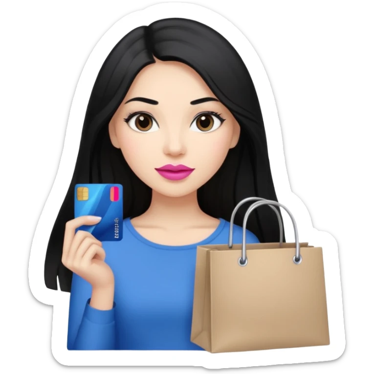 Girl with long black hair, pink lipstick, brown eyes holding shopping bags and blue credit card sticker