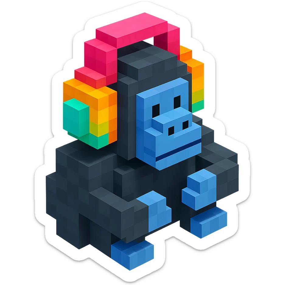 voxel style gorilla with colorful headphones, isometric view sticker