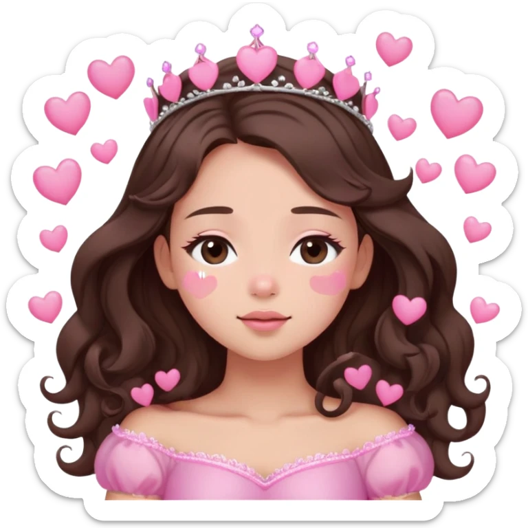 cute, blushing, eyes closed, pink hearts floating around face, pink tiara on girl with wavy long dark brown hair sticker