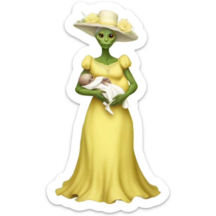  Reptilian alien woman , full body, in victorian jellow elegant dress , holds a newborn white humman baby sticker