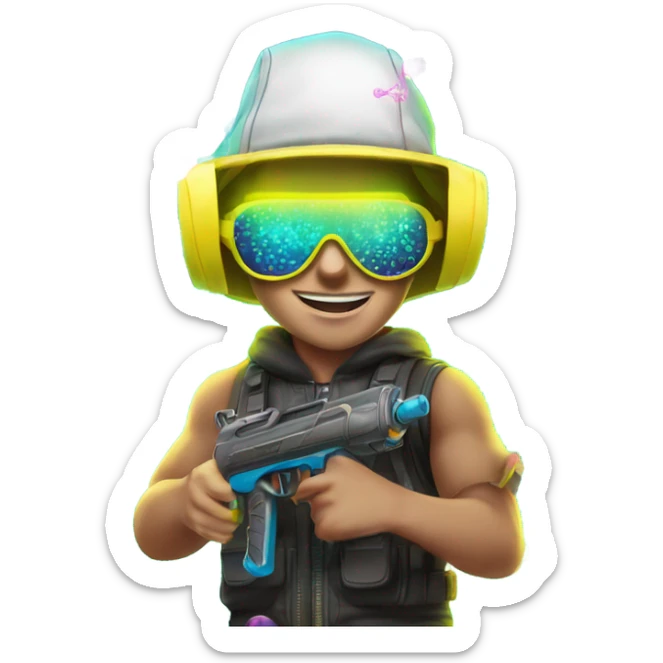 Caucasian boy in glowing rave outfit with mask, sunglasses, and headgear, firing hundreds of bubbles out of a water gun sticker
