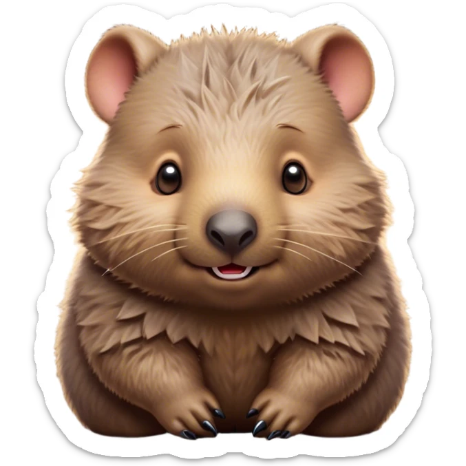 Cinematic Cute Wombat Portrait Emoji, Head tilted playfully and inquisitively, featuring a fluffy, shaggy brown fur with a round, endearing face and twinkling eyes full of gentle curiosity, Simplified yet irresistibly adorable features, highly detailed, glowing with a warm, friendly glow, high shine, affectionate and chubby, stylized with a touch of bushland whimsy, bright and endearing, soft glowing outline, capturing the essence of a mischievous yet loving wombat, so playful it feels like it could trundle out of the screen into your arms! sticker