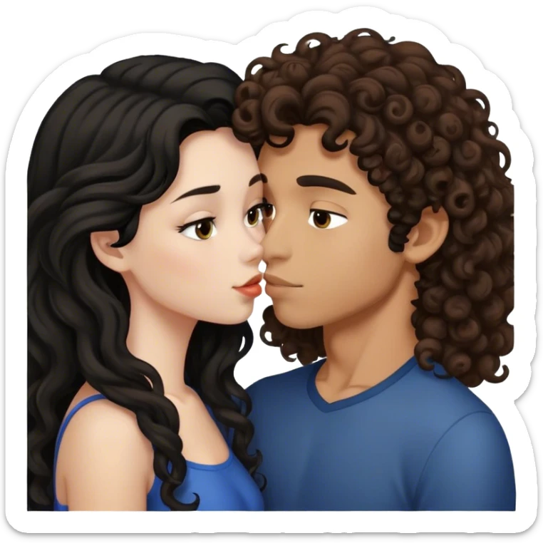 A girl with black long hair kissing a boy with brown curly hair  sticker