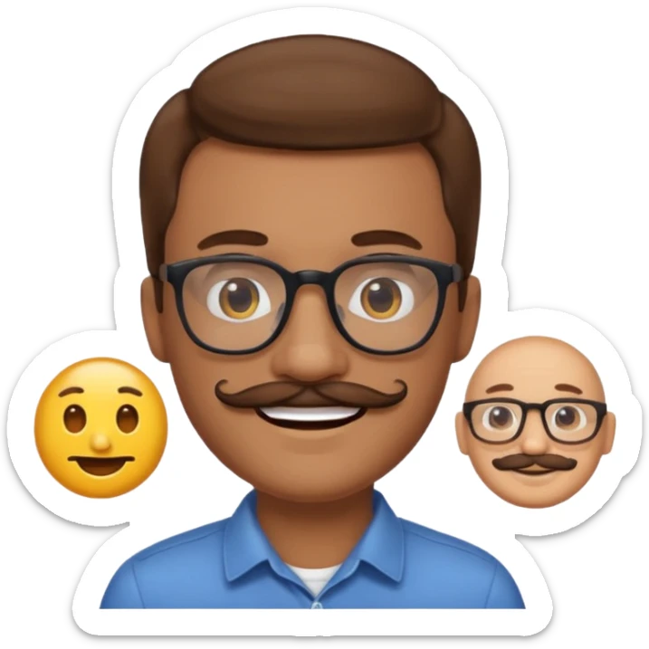 2D apple emoji style man with light skin, brown hair, mustache, glasses, smiling sticker