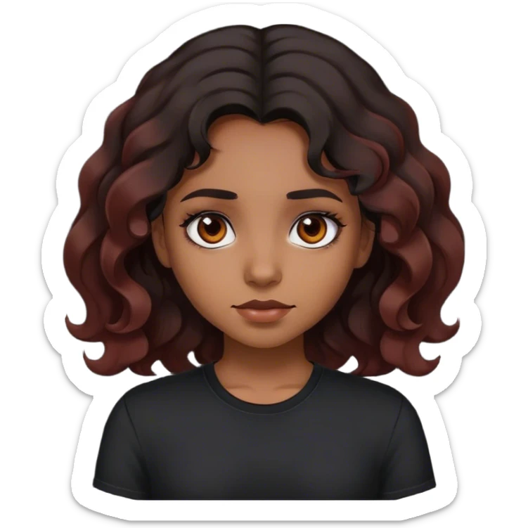 brown girl with black eyes and black wavy hair with the ends dyed reddish brown wearing black shirt sticker