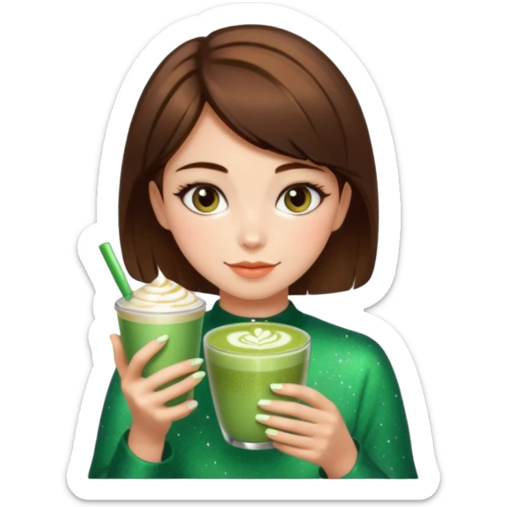 pink soft girl aesthetic short brown hair girl makeup, skincaRE, SPARKLES, AND MATCHA LATTE sticker