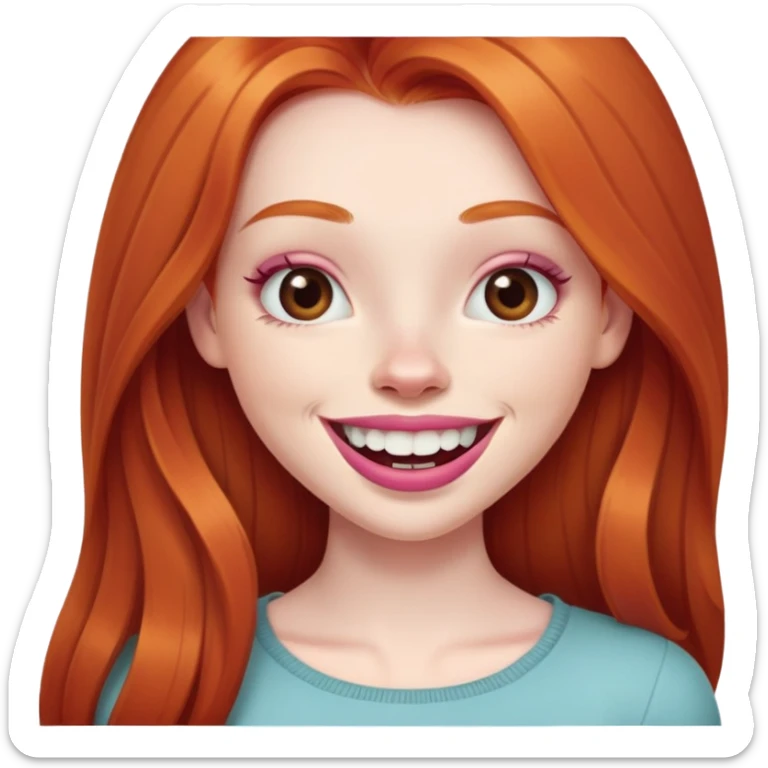 Young girl with pale skin, full pink lips smiling with big teeth, very long straight ginger red hair, bigger nose, deep brown eyes, big mouth sticker