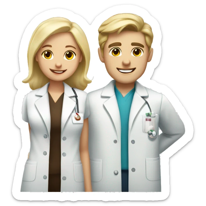 blonde female pharmacist and white male chemist with dark brown hair in love sticker
