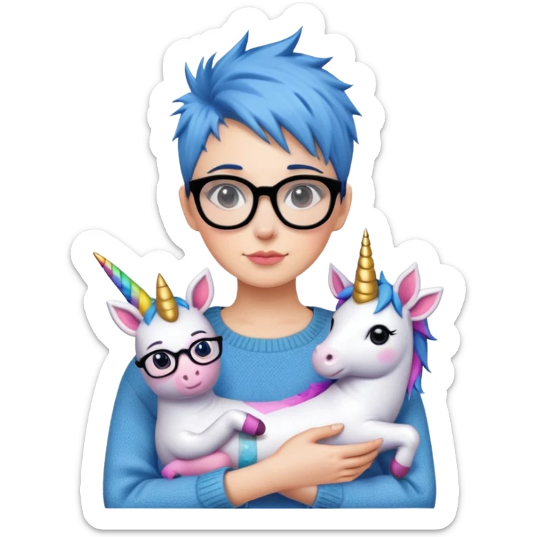 27 year old woman with blue short spiky hair, black glasses, and a sweater, holding a unicorn stuffed animal   sticker