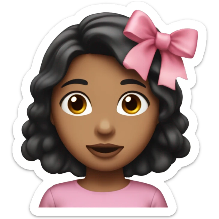 Woman with brown skin, long and shiny black hair with a pink bow, throwing a kiss sticker