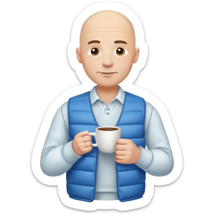 full body bald man wearing long sleeve white shirt with blue puffy winter vest holding a cup of coffee in front of him at his chest sticker