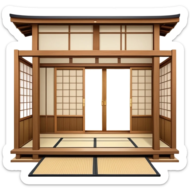 traditional Japanese house with wooden structure, sliding shoji doors, and tatami mat flooring sticker