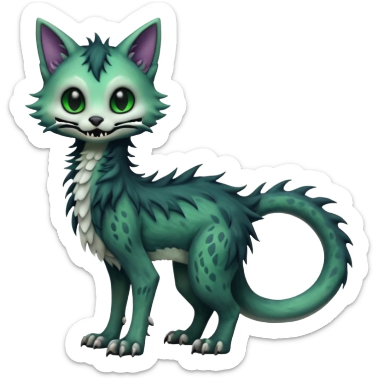 Scaley Kawaii spectral spooky dark bleak blackish swampy white-skeletal gloomy ghostly dark greyish dark-deep-greenish foggy eldritch beautiful realistic edgy fantasy ghoul-like stitched feline-vernid-sergal-fursona animal creature with a tufted tail full body with intricate markings  sticker