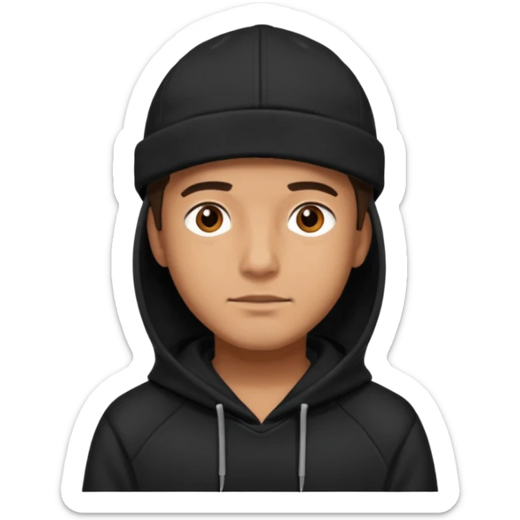 Guy wearing a black hoodie and a black cap his eyes hunter eyes brown and his skin white but tanned  sticker