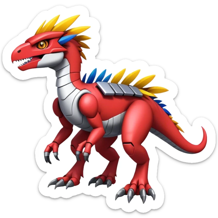 Furry feather-mane Cool Edgy Futuristic shiny colorful Digimon-Fakemon-Guilmon-Velociraptor-Mecha full body   sticker