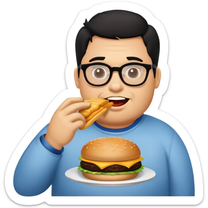 A large man with glasses and black hair eating a hamburger and fries sticker