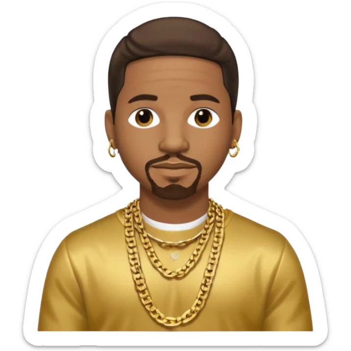 Stevie J, Record Producer with dark brown hair, gold outfit sticker