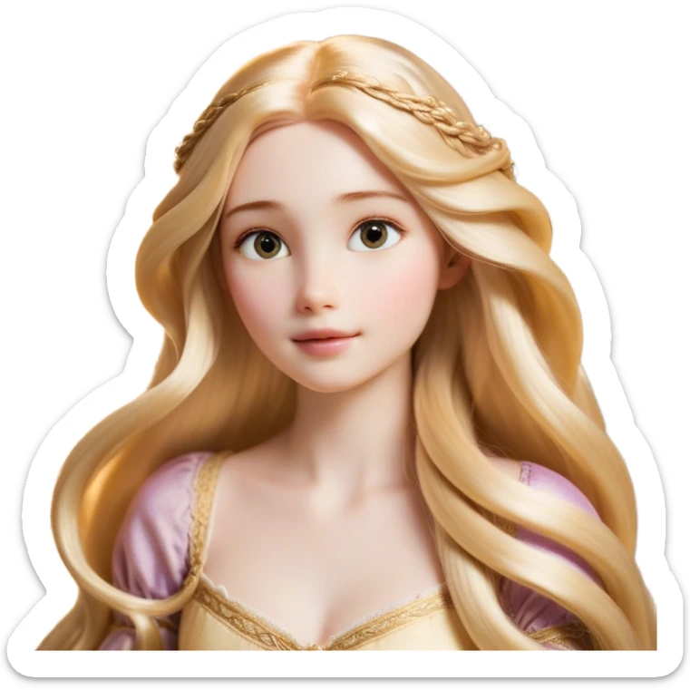 Cinematic Realistic Rapunzel Portrait, with porcelain-like skin featuring a subtle, natural glow, illuminated by soft lighting that brings out the gentle contours of her face. Her long, golden blonde hair cascades in detailed waves, each strand highlighted with a radiant shimmer as it catches the light. Her bright, expressive green eyes exude curiosity and warmth, framed by delicate lashes and soft, arched brows. Her expression is playful and vibrant, with a gentle smile. She is dressed in her classic lavender and pink gown, the fabric textured with delicate folds that flow naturally, catching the light with a soft, radiant glow. The portrait captures a luminous, enchanting aura, seamlessly blending realism with a whimsical, fairytale charm, evoking a timeless sense of beauty and magic. sticker