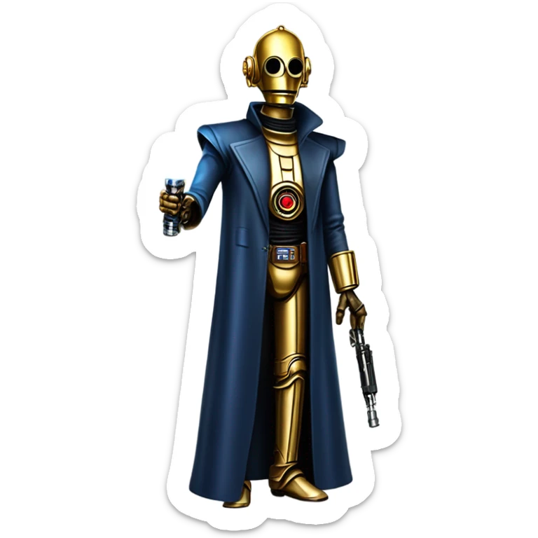tough well-equipped jedi first order life-sized darkblue-pearl C3po as a friendly bounty hunter droid wearing a leather clothing old west duster coat holding light saber sticker