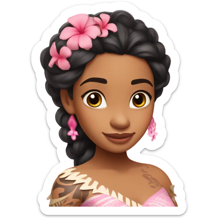 princess moana wearing a rococo pink dress with a pink Hawaiian flower in her hair sticker