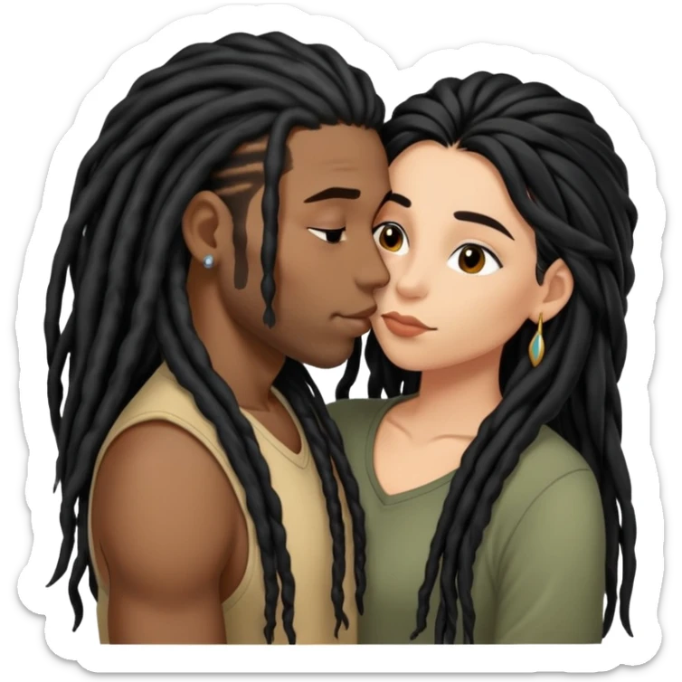 Latina Woman with long hair kissing a young black guy with dreads chin hair sticker