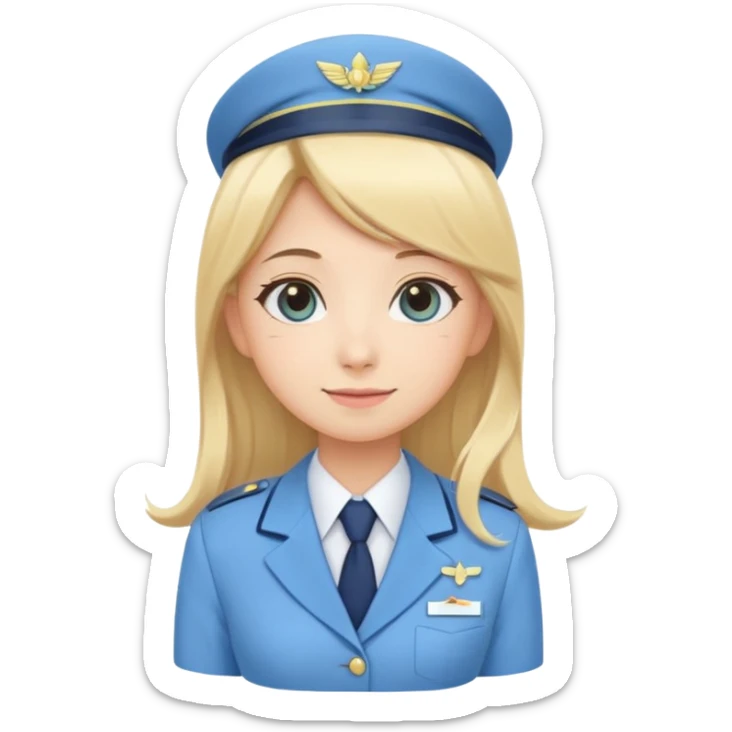 Cute emoji-style Japanese flight attendant, blonde long hair , pastel blue airline uniform, kawaii cartoon style, big eyes, simple clean lineart, pastel colors, chibi proportions, friendly smile, sticker/emoji, transparent background sticker