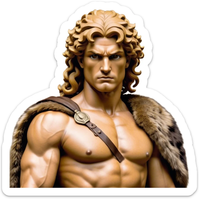 Cinematic Realistic Barbarian Hercules Portrait, depicted as a fierce Greek hero with the chiseled features of Michelangelo's David. His light tan, sculpted skin glows with timeless strength, and his thick, curly, golden brown hair cascades in wild, untamed curls reminiscent of a warrior’s mane. Instead of a flowing white robe with golden accents and a laurel wreath, he wears rugged, weathered leather and fur garments—a tattered, fur-trimmed cloak draped over broad shoulders and a simple circlet forged from iron and bone. His intense, determined eyes exude savage nobility, all rendered under dynamic natural lighting with a mythic, raw, radiant glow. sticker