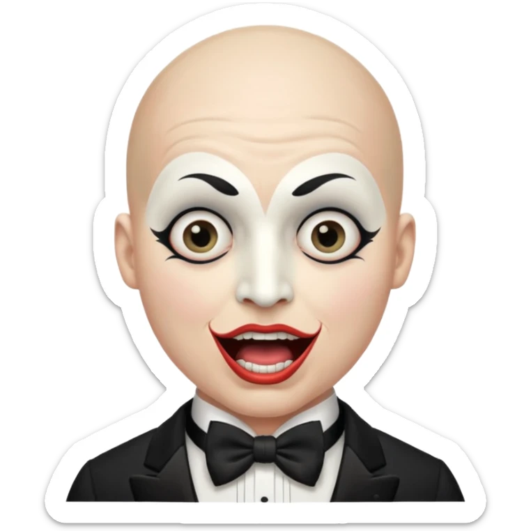 a bald cabaret actor with a white-painted face and heavily made-up eyes and mouth, a huge, wide-open mouth, and a startled look sticker
