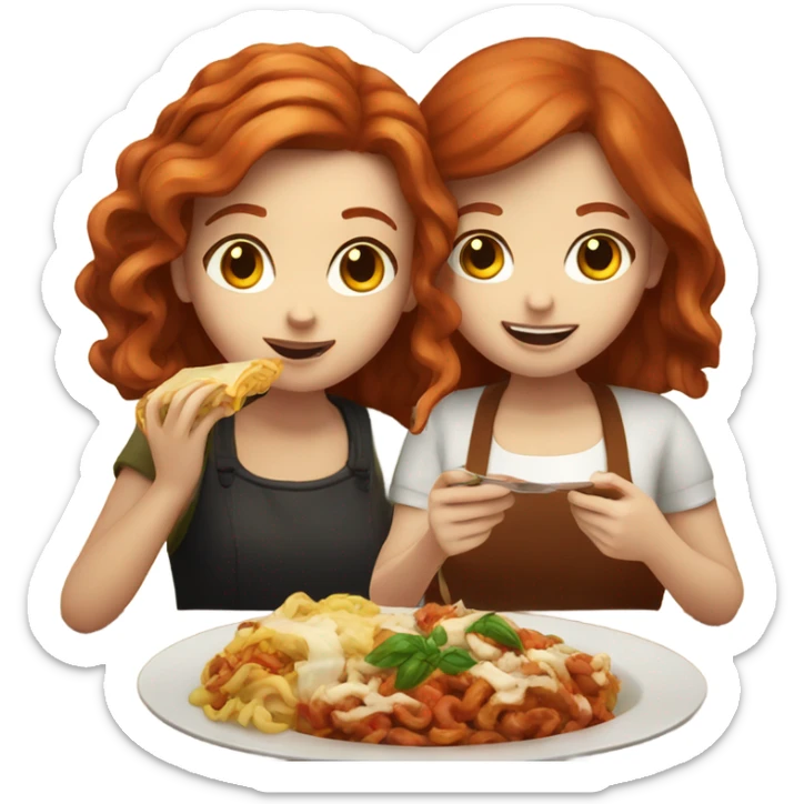Redhead girl and brown haired girl eating Italian food sticker