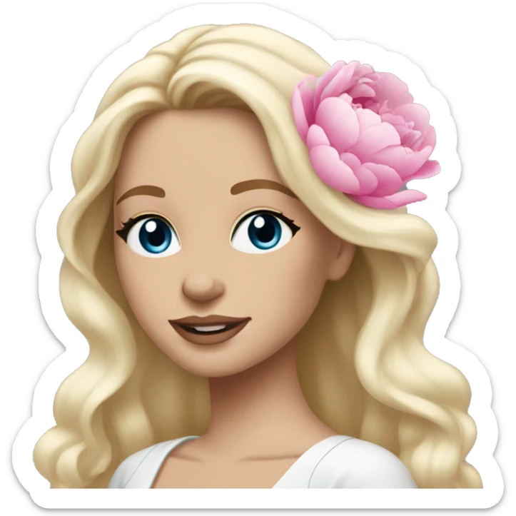 White bride with long light blonde hair and blue eyes with pink peonies in hair sticker