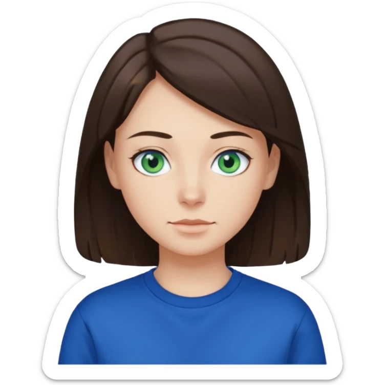 blue/green eyes , pale skin , brunette hair , white t-shirt with a dark blue sweatshirt over too sticker