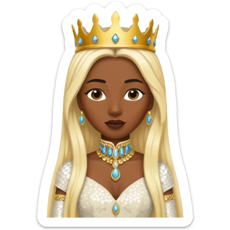 Queen of Sheba from The Bible with dark skin, long blonde hair, ivory sequin outfit sticker