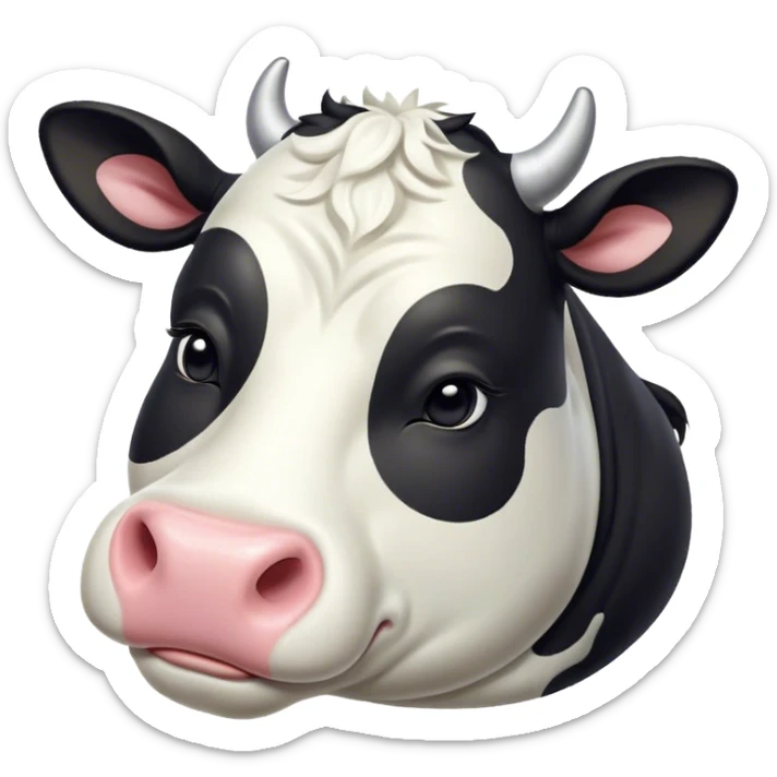 Meme-Worthy Cute Sleeping Black and White Cow Portrait Emoji, Head resting peacefully with a contented smile, showcasing a robust build and a luxuriously soft contrasting coat of black and white, eyes shut in a serene, restful nap, Simplified yet hilariously adorable features, highly detailed, glowing with a soft, drowsy light, high shine, relaxed and utterly lovable, stylized with an air of playful laziness, bright and heartwarming, soft glowing outline, capturing the essence of a comically sleepy cow, so meme-worthy it feels like it could instantly become the next viral sensation of adorable slumber! sticker
