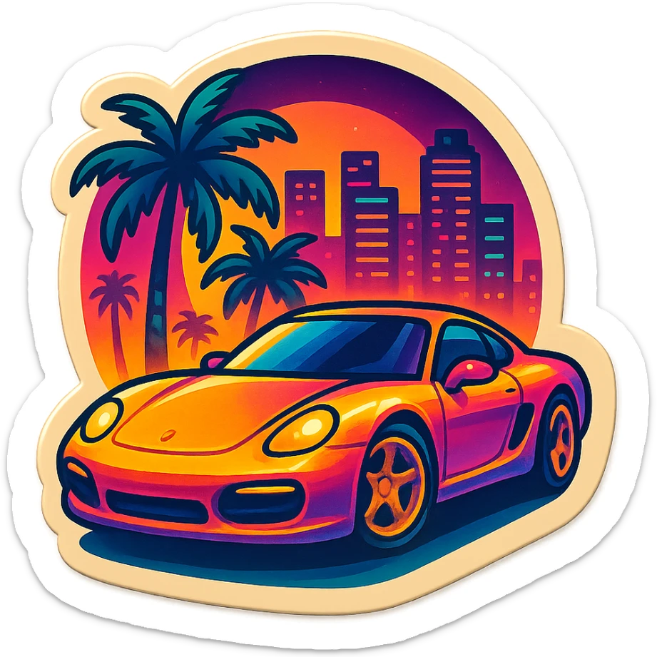 emoji inspired by Miami Vice, sports car, palm trees, neon cityscape sticker