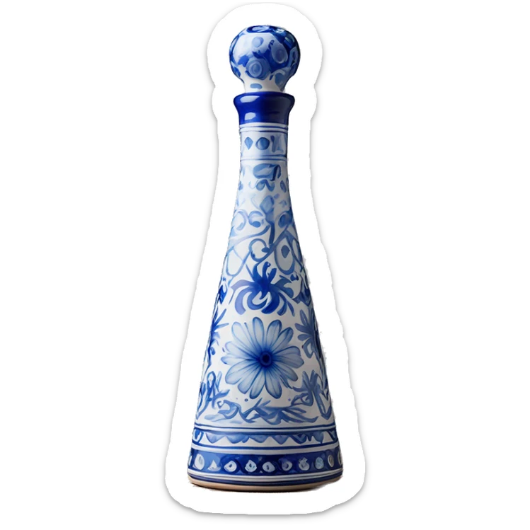 The Clase Azul Tequila bottle has a tall, hourglass-shaped ceramic body, hand-painted in white with cobalt blue floral designs. It’s topped with a distinctive gray, bell-shaped stopper that adds a final elegant touch. sticker