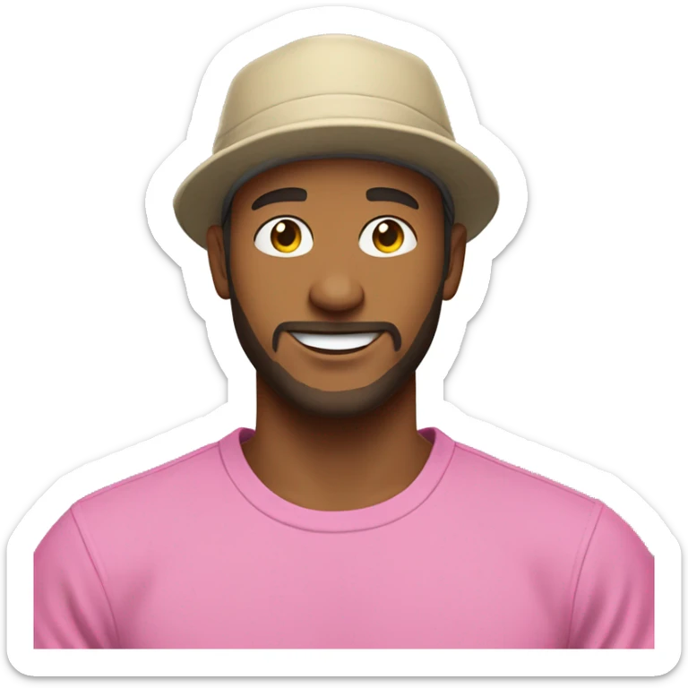 Man with dark blond hair and short beard, pink bucket hat and pink tshirt smiling sticker